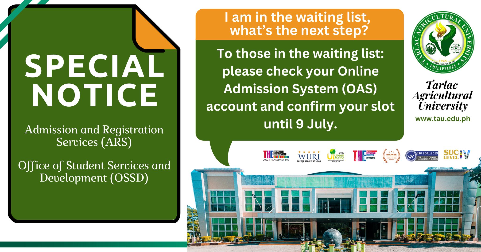 𝐔𝐍𝐈𝐕𝐄𝐑𝐒𝐈𝐓𝐘 𝐁𝐔𝐋𝐋𝐄𝐓𝐈𝐍 | Admission and Registration Services (ARS) and Office of Student Services and Development (OSSD) Admission 2024