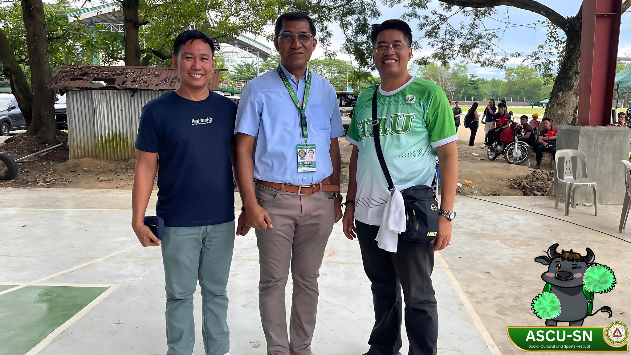 𝐂𝐀𝐏𝐓𝐔𝐑𝐄𝐃 𝐈𝐍 𝐋𝐄𝐍𝐒 | During the Socio-Cultural and Sports Festival of the Association of State Colleges and Universities - Solid North (ASCU-SN) 2024 event, Dr. Silverio Ramon DC. Salunson, University President of Tarlac Agricultural University (TAU), Dr. Arnold R. Lorenzo, Officer In-Charge (OIC) Vice President for Finance and Administration (VPFA) at TAU, and Atty. Romano P. Cammayo, Vice President for Finance and Services at Isabela State University (ISU), engage in a lively banter exchange, showcasing their camaraderie and setting a positive tone for the competitions-filled day.