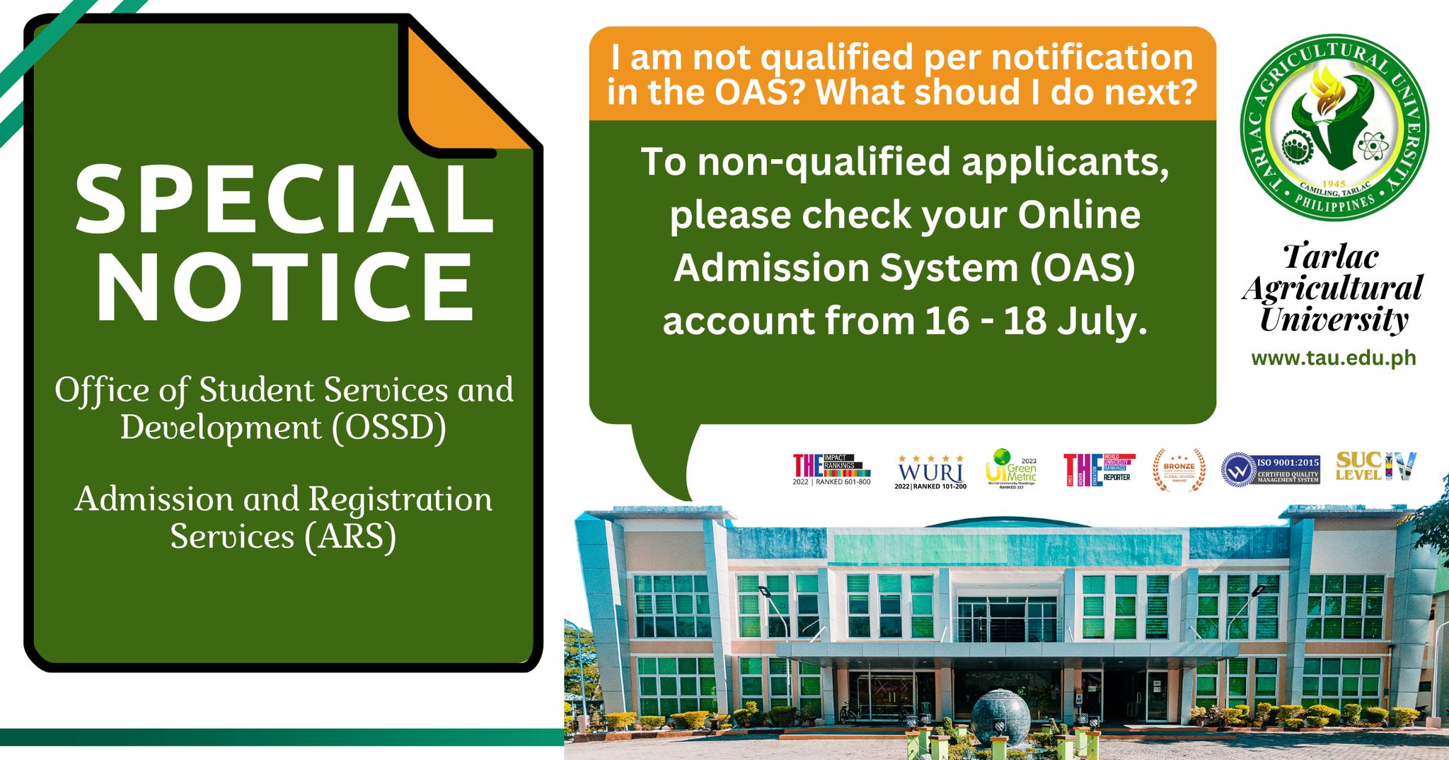 𝐔𝐍𝐈𝐕𝐄𝐑𝐒𝐈𝐓𝐘 𝐁𝐔𝐋𝐋𝐄𝐓𝐈𝐍 | Office of Student Services and Development (OSSD) and Admission and Registration Services (ARS) is now implementing its Affirmative Action Plan (AAP) for first-year applicants and re-evaluating the admission results
