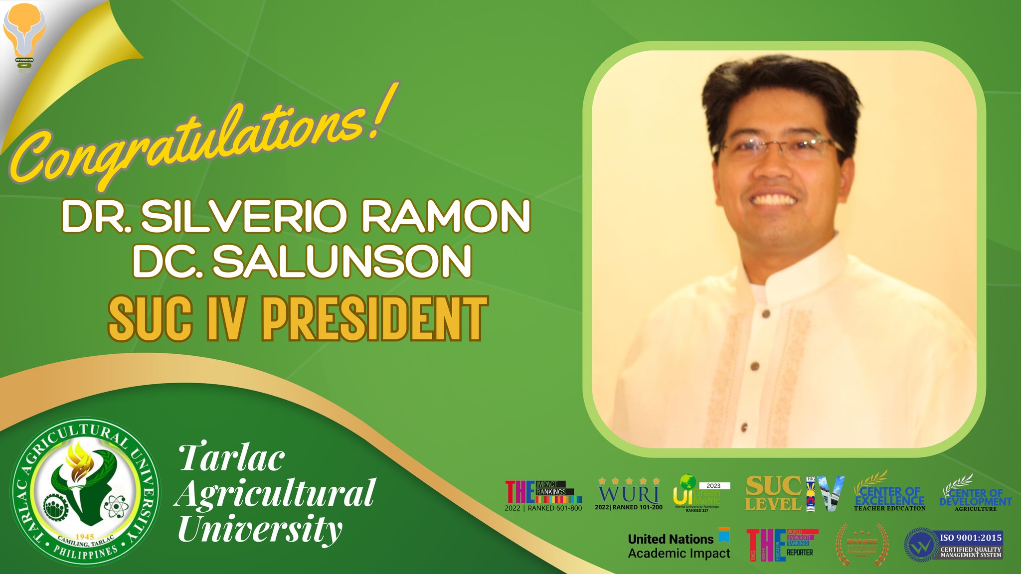 TAU community now welcomes its new president- Dr. Silverio Ramon DC. Salunson