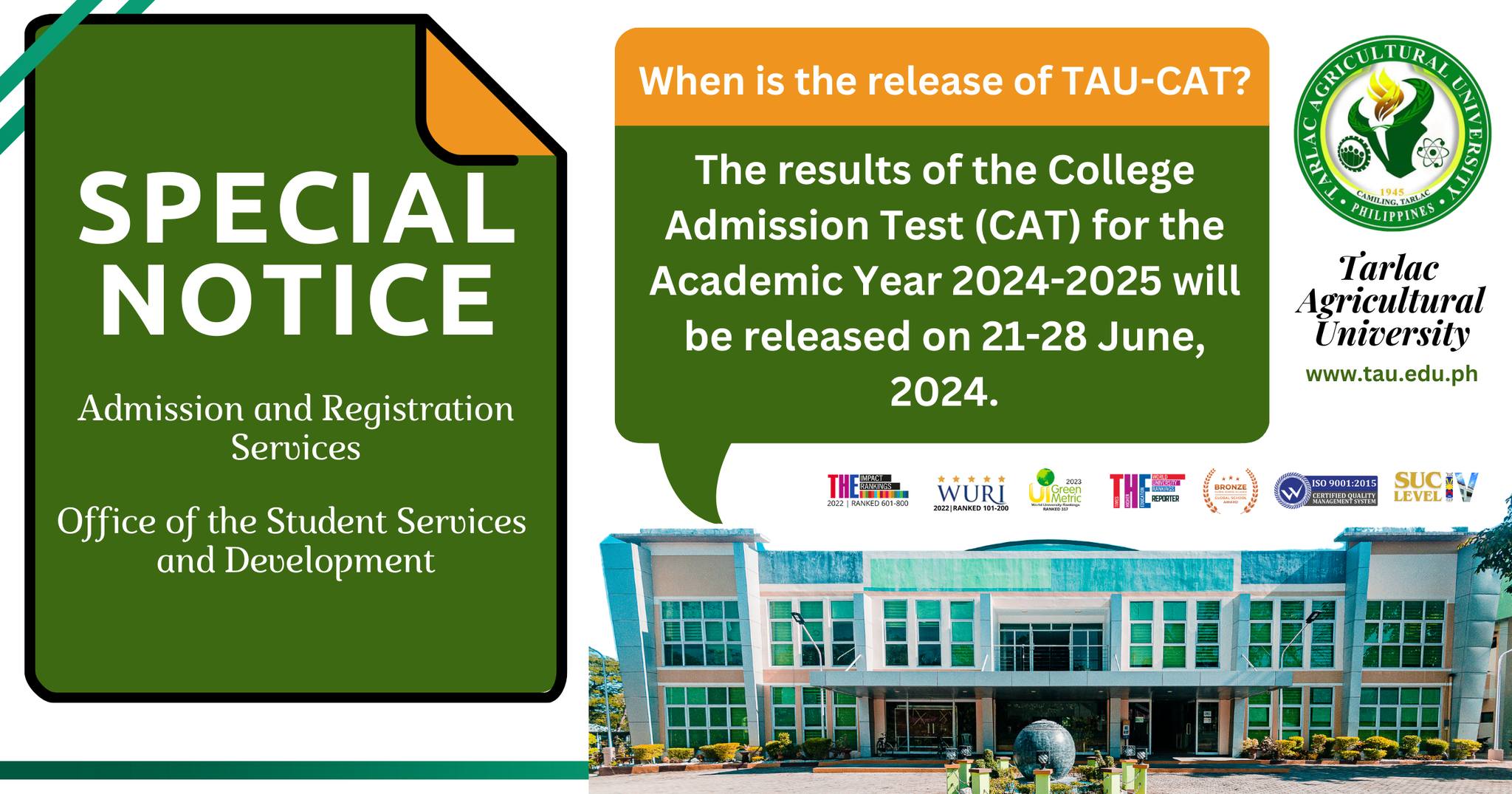 𝐔𝐍𝐈𝐕𝐄𝐑𝐒𝐈𝐓𝐘 𝐁𝐔𝐋𝐋𝐄𝐓𝐈𝐍 | Tarlac Agricultural University College Admission Test (TAU-CAT) results for the 2024-2025 Academic Year will be available from 𝟐𝟏 to 𝐉𝐮𝐧𝐞 𝟐𝟖, 𝟐𝟎𝟐𝟒