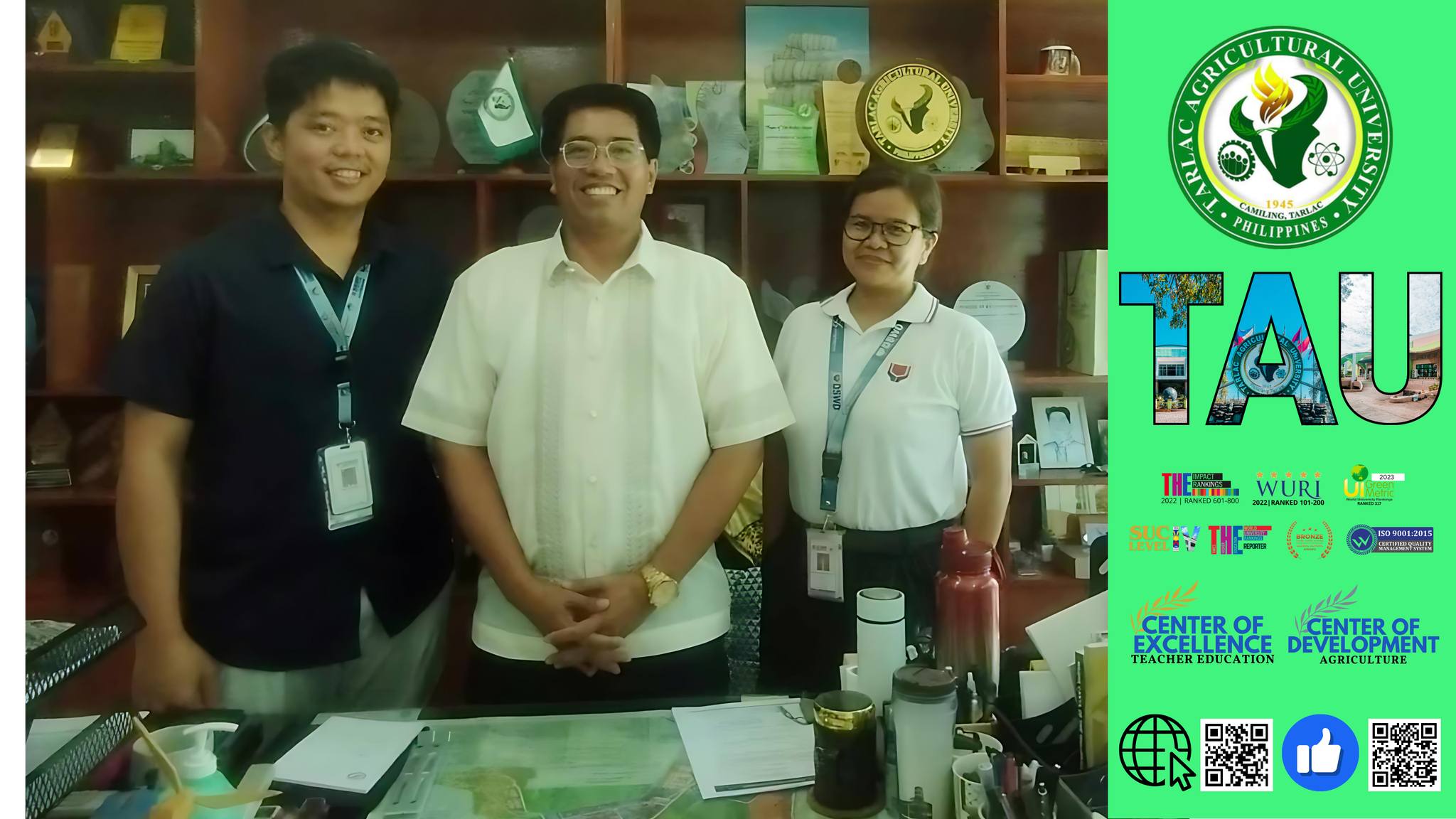 𝐂𝐀𝐏𝐓𝐔𝐑𝐄𝐃 𝐈𝐍 𝐋𝐄𝐍𝐒 | Dr. Silverio Ramon DC. Salunson, Tarlac Agricultural University (TAU) President, welcomes two personnel from the Department of Social Welfare and Development (DSWD) Tarlac Lingap Center, 24 June