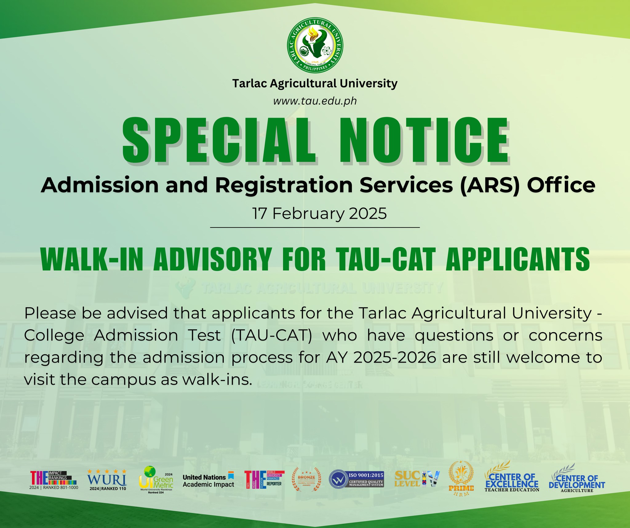 𝐔𝐍𝐈𝐕𝐄𝐑𝐒𝐈𝐓𝐘 𝐁𝐔𝐋𝐋𝐄𝐓𝐈𝐍 | Admission and Registration Services Walk-in Advisory for TAU-CAT Applicants